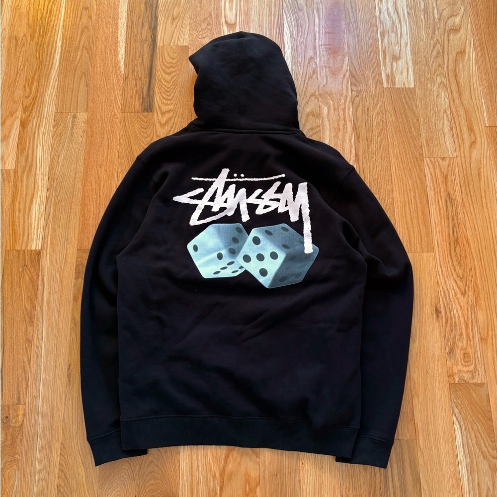 Stussy Roll the Dice Hoodie Pullover Sweatshirt Black Graphic Logo Print Y2K XL